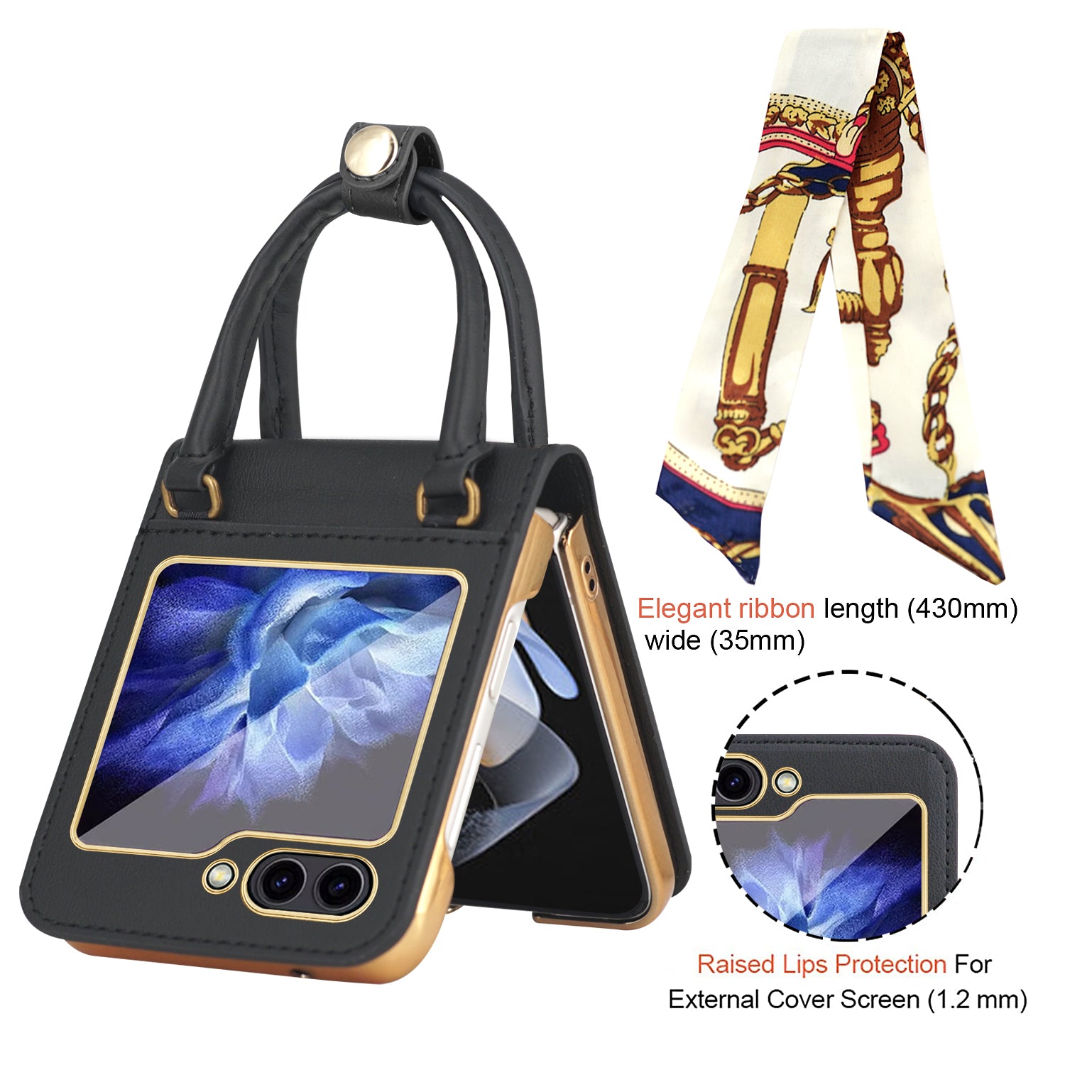 For Samsung Galaxy Z Flip5 5G Ribbon Hand Grip Phone Case PU Leather Coated PC Cover with Tempered Glass Film For Samsung Galaxy Z Flip5 5G Ribbon Hand Grip Phone Case PU Leather Coated PC Cover with Tempered Glass Film